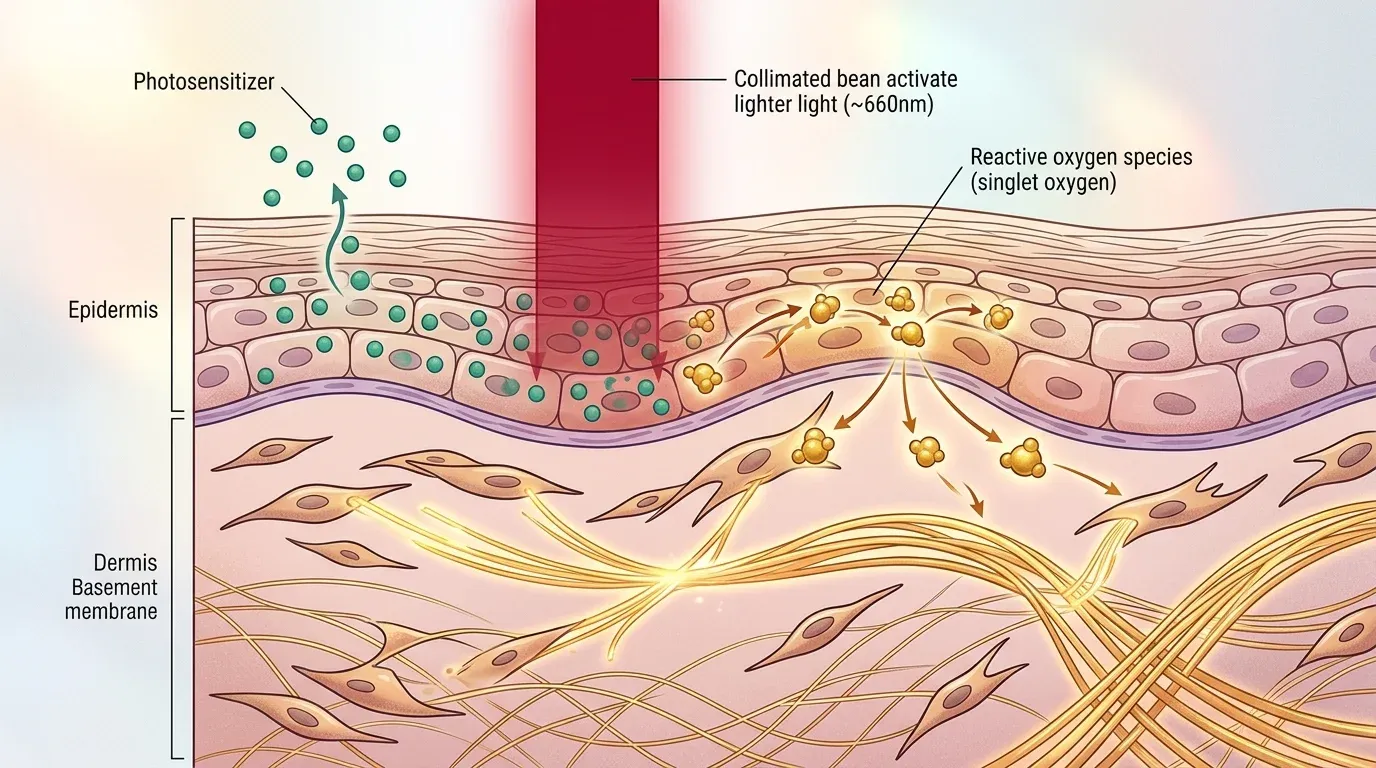 Механизм фотодинамической терапии для омоложения кожи — фотосенсибилизатор поглощает свет и генерирует активные формы кислорода, стимулирующие синтез коллагена