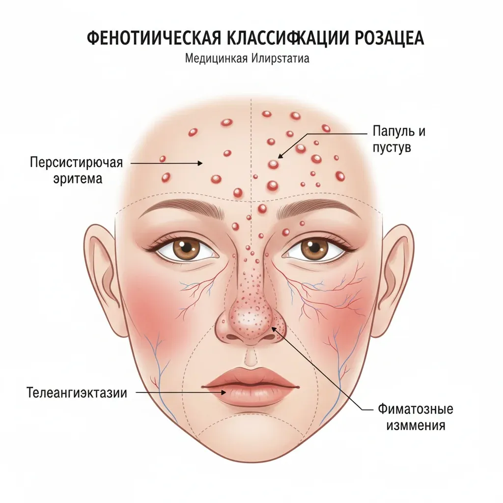 Фенотипическая классификация розацеа — эритема, папулы, телеангиэктазии, фиматозные изменения