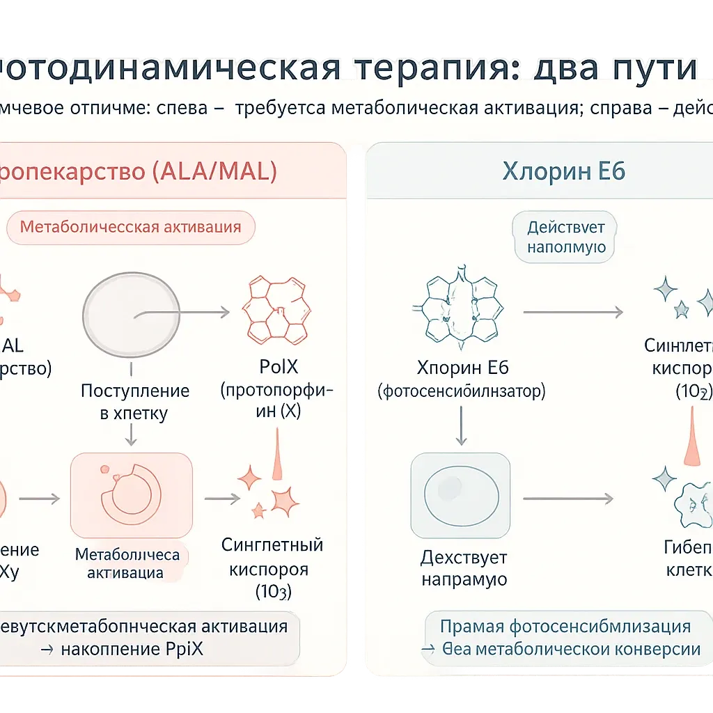 Схема механизма действия фотосенсибилизаторов: пролекарство vs готовая молекула