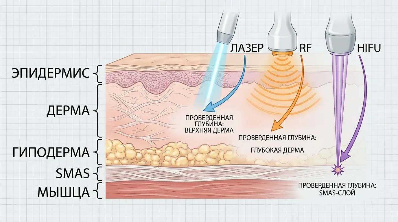 Глубина проникновения разных видов энергии в слои кожи — лазер, RF, HIFU