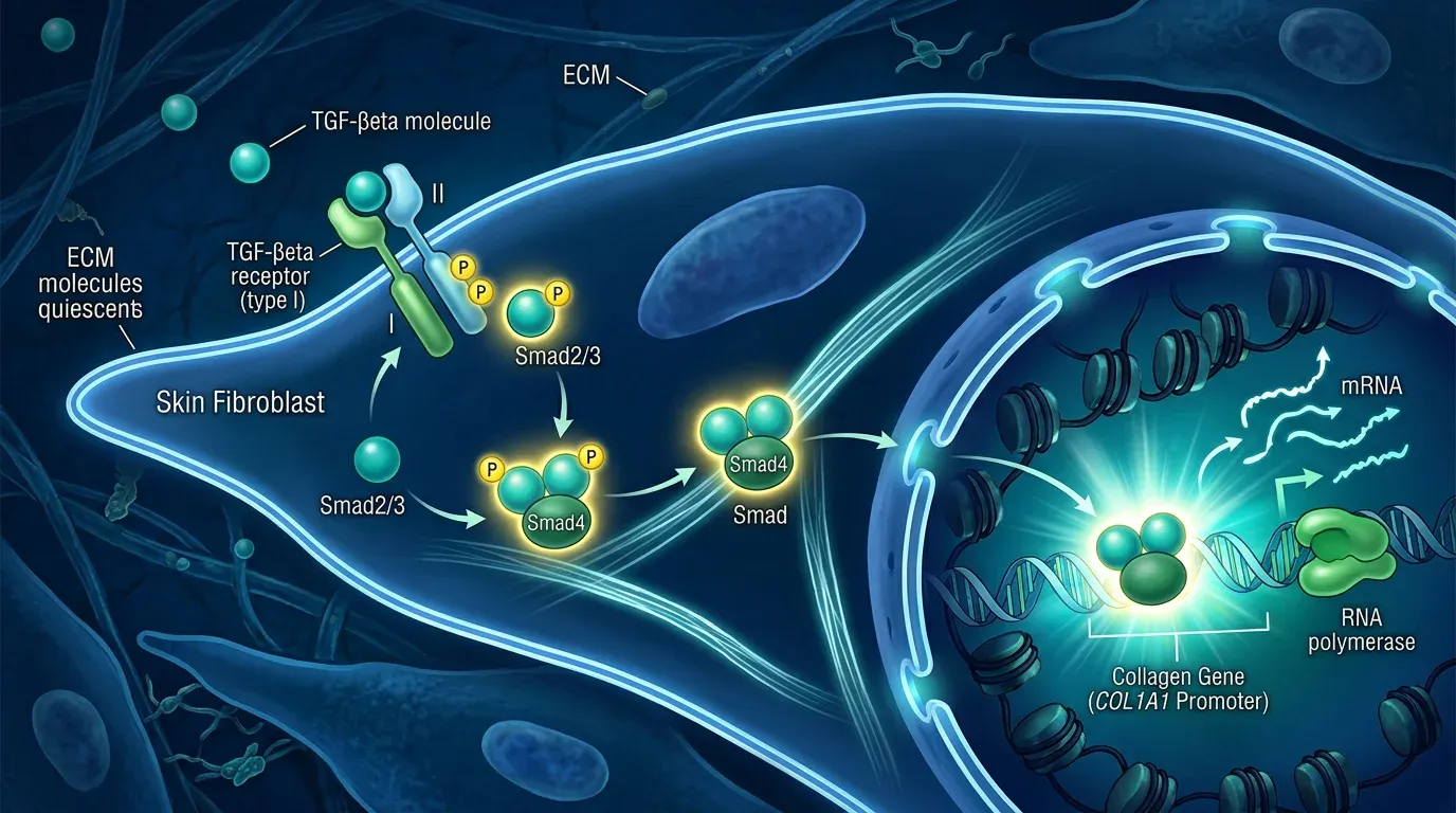 Схема TGF-β сигнального пути в дермальных фибробластах при ФДТ: активация Smad2/3, транслокация в ядро и экспрессия генов коллагена
