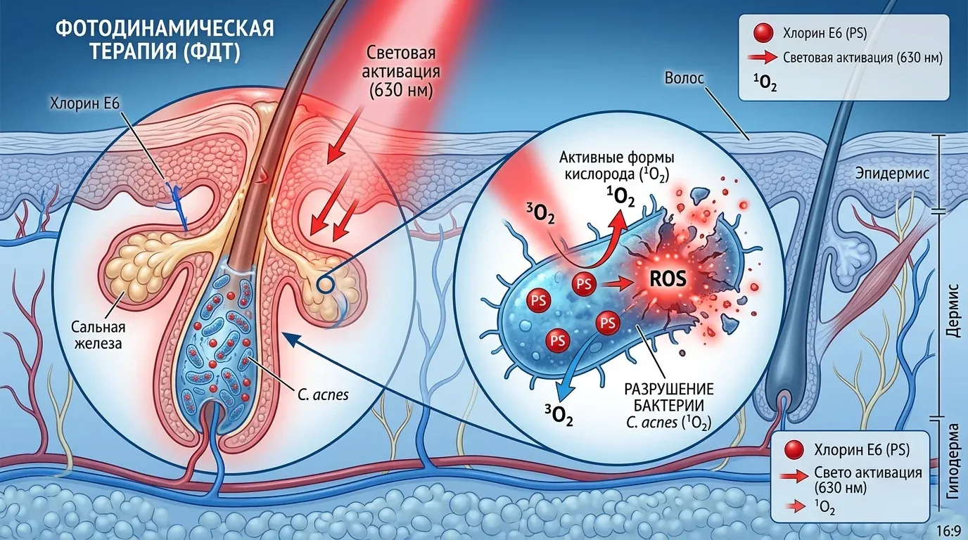 Механизм действия хлорина Е6 при ФДТ акне: фотоактивация, разрушение C. acnes, подавление сальных желёз