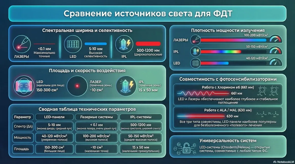 Сравнительная таблица источников света для ФДТ в косметологии: LED-панели, IPL-системы и лазеры — спектральные характеристики, мощность, площадь воздействия и совместимость с фотосенсибилизаторами