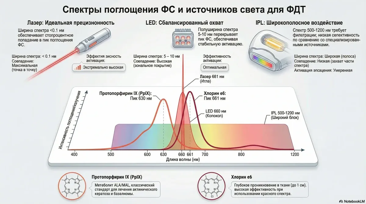 Спектры поглощения фотосенсибилизаторов для ФДТ: пики хлорина е6 (661 нм) и протопорфирина IX (630 нм) с наложением спектров LED, лазера и IPL