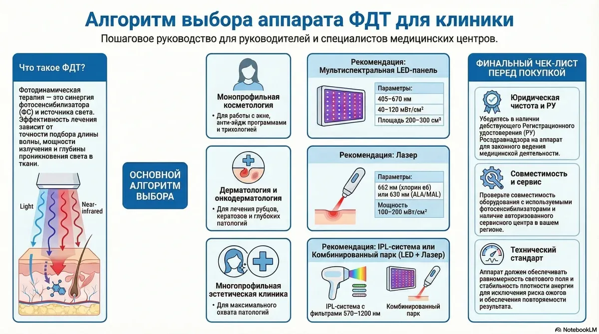 Алгоритм выбора аппарата ФДТ для клиники: от профиля учреждения и потока пациентов к типу оборудования — LED, лазер или IPL
