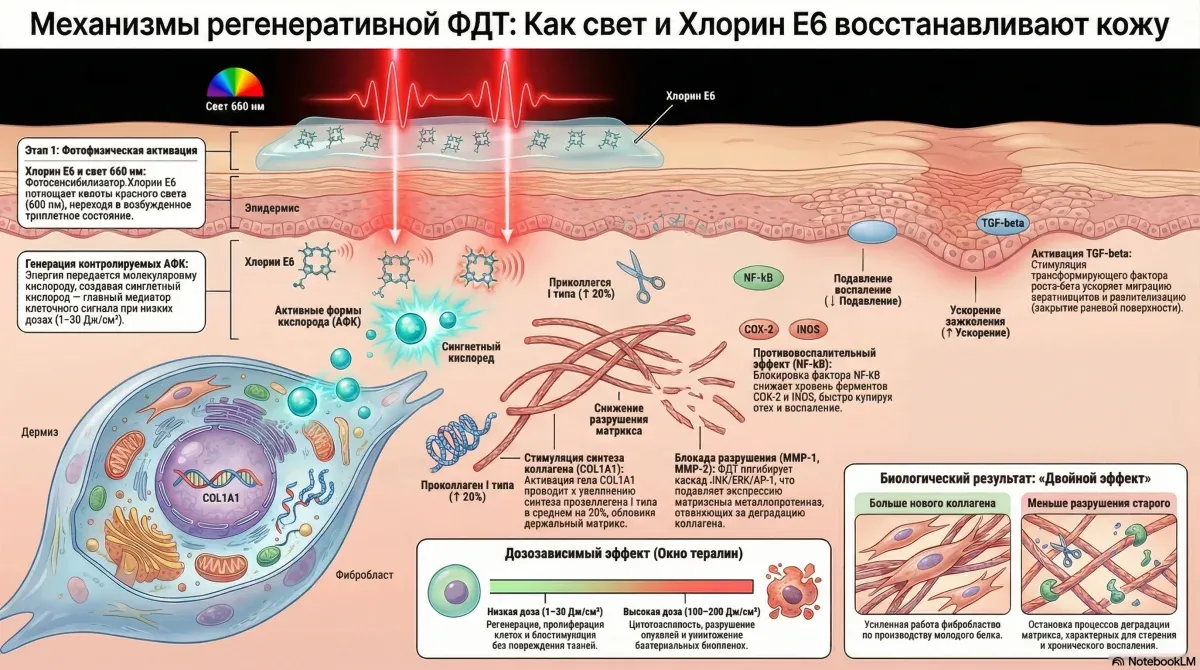 Механизмы регенеративной ФДТ: как хлорин Е6 и свет 660 нм запускают каскад восстановления кожи — от генерации АФК до стимуляции коллагеногенеза и подавления MMP