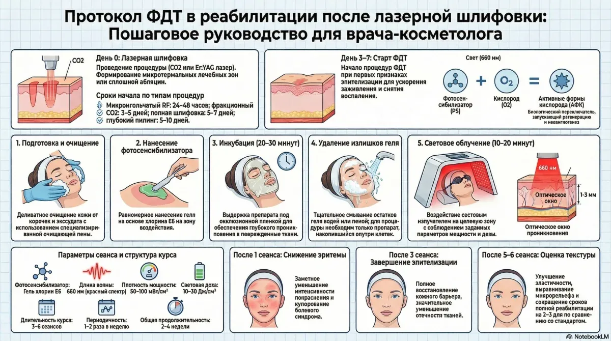 Протокол ФДТ после лазерной шлифовки: пошаговое руководство для врача-косметолога — сроки начала, параметры сеанса, структура курса и контрольные точки