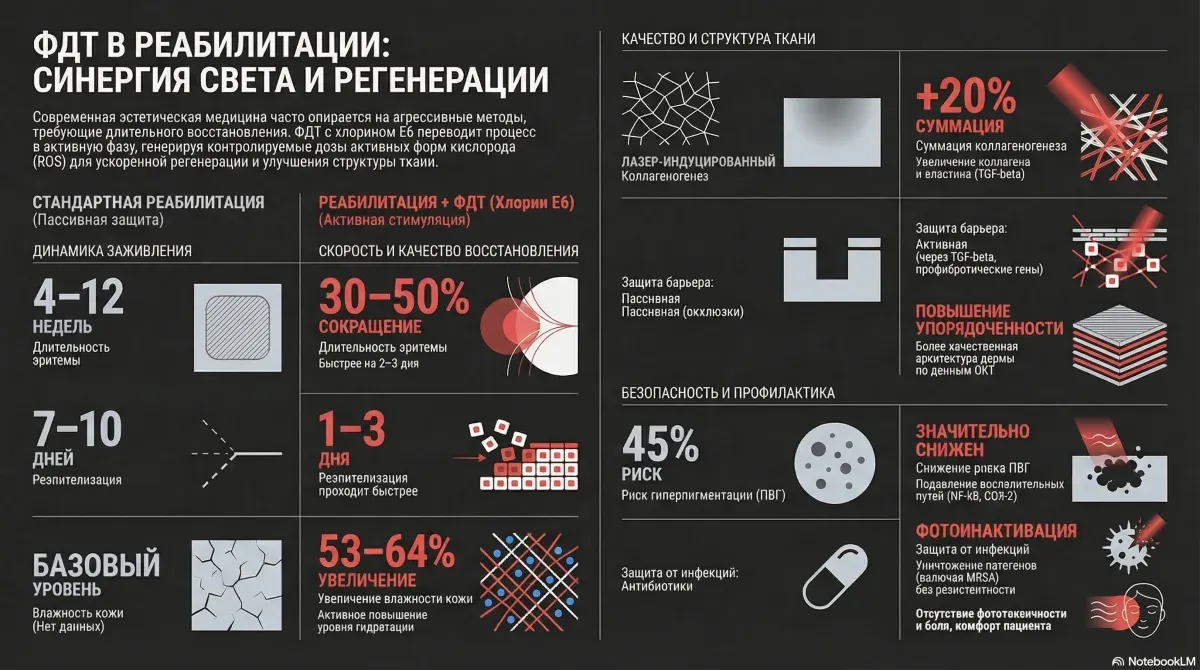 ФДТ в реабилитации: сравнение стандартного восстановления и реабилитации с ФДТ на основе хлорина Е6 — сокращение эритемы, ускорение реэпителизации, повышение увлажнённости кожи