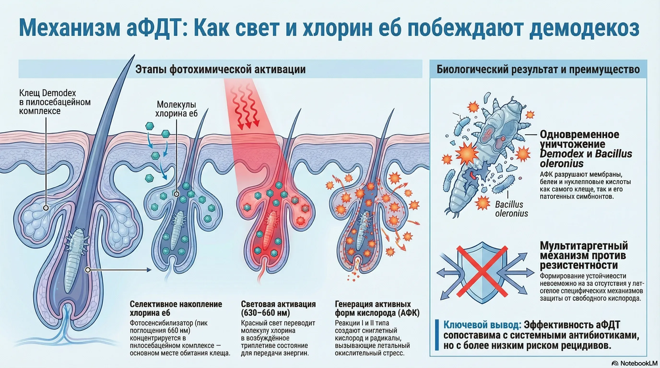 Механизм антимикробной фотодинамической терапии (аФДТ) при демодекозе: от фотосенсибилизатора к уничтожению клеща Demodex