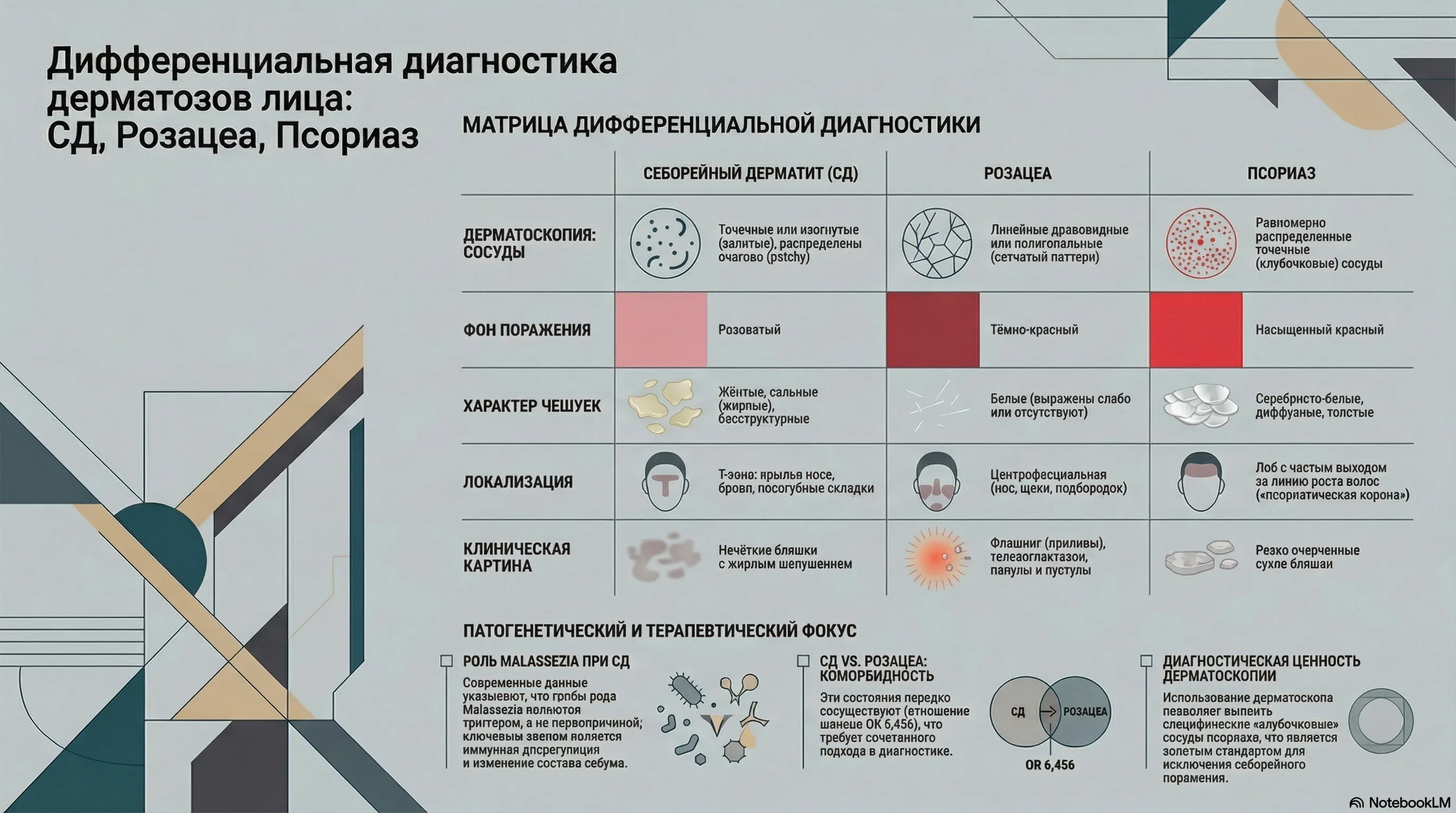 Дифференциальная диагностика дерматозов лица: себорейный дерматит vs розацеа vs псориаз — дерматоскопические признаки