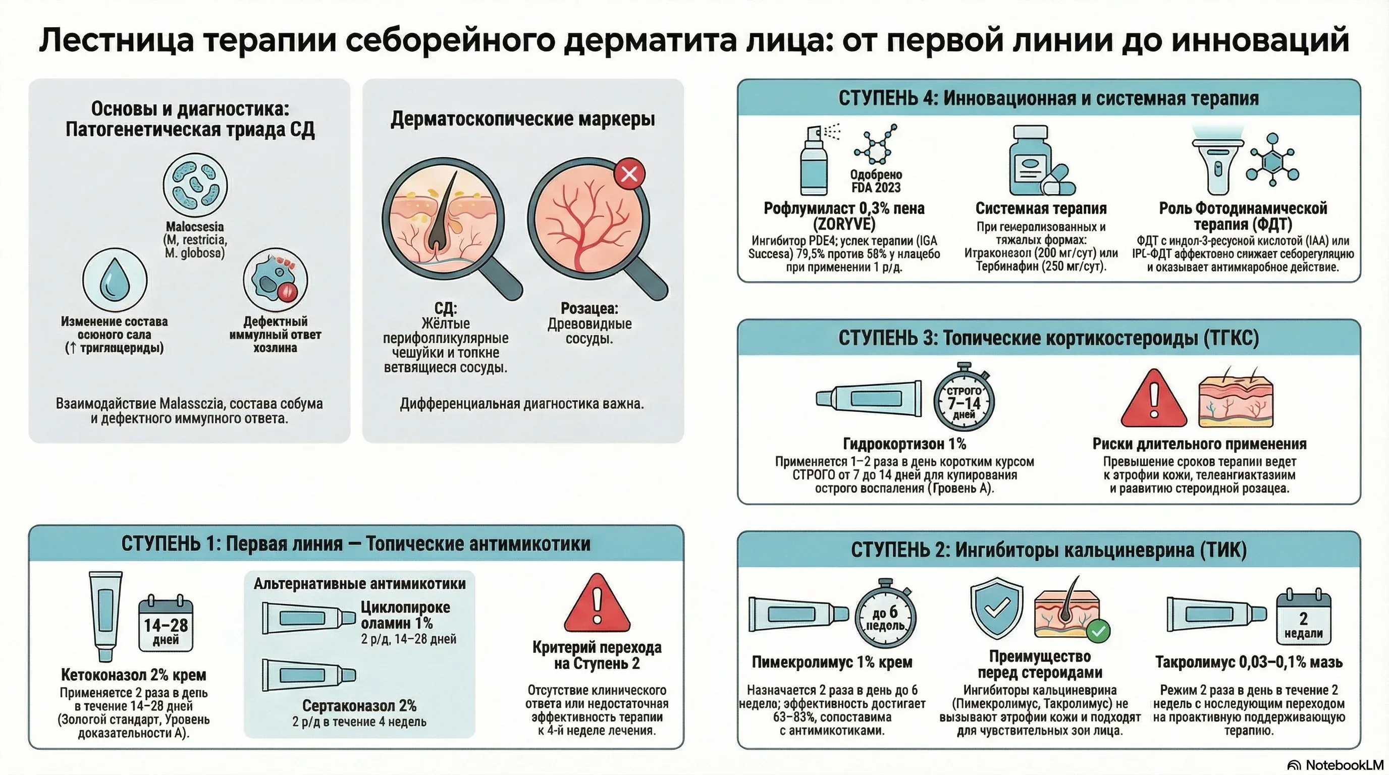 Ступенчатая терапия себорейного дерматита лица: от топических антимикотиков до рофлумиласта и ФДТ