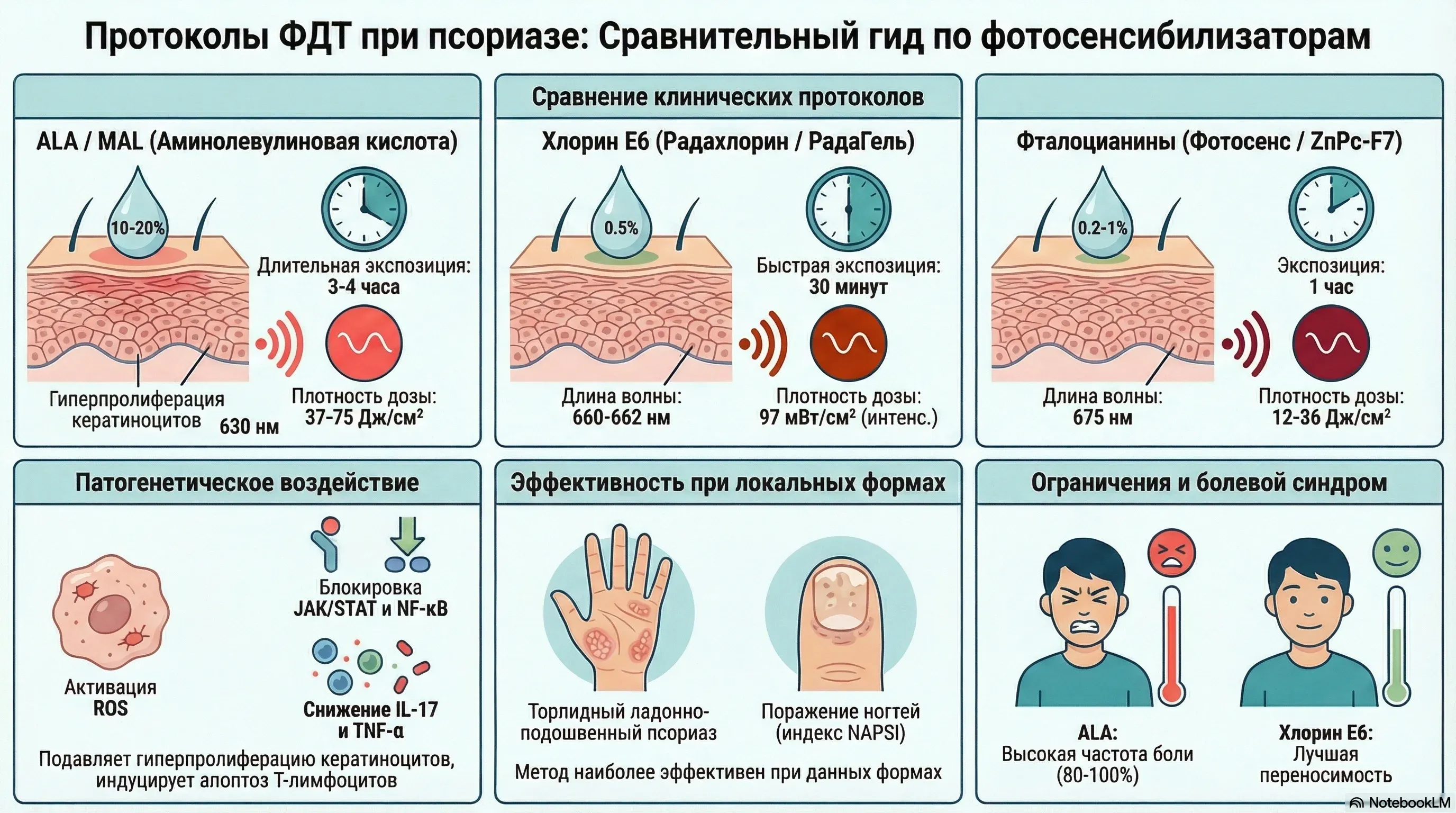 Протоколы ФДТ при псориазе: сравнение ALA, хлорина Е6 и фталоцианинов по параметрам облучения и эффективности