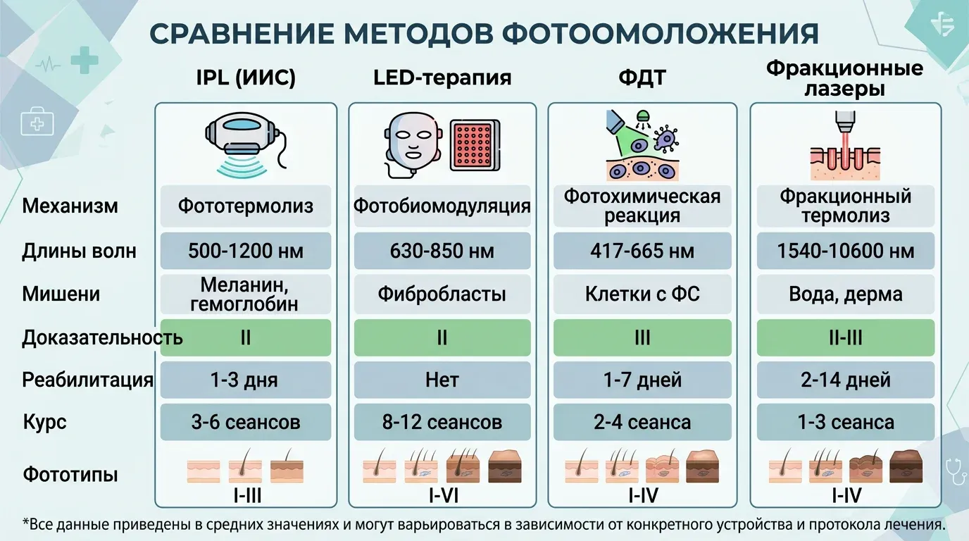 Сравнительная таблица методов фотоомоложения — IPL, LED-терапия, ФДТ и фракционные лазеры: механизмы, длины волн, мишени, реабилитация, курс