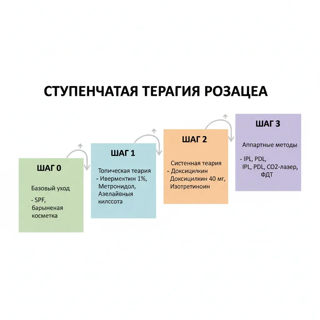 Инфографика: ступенчатая терапия розацеа — от базового ухода до аппаратных методов