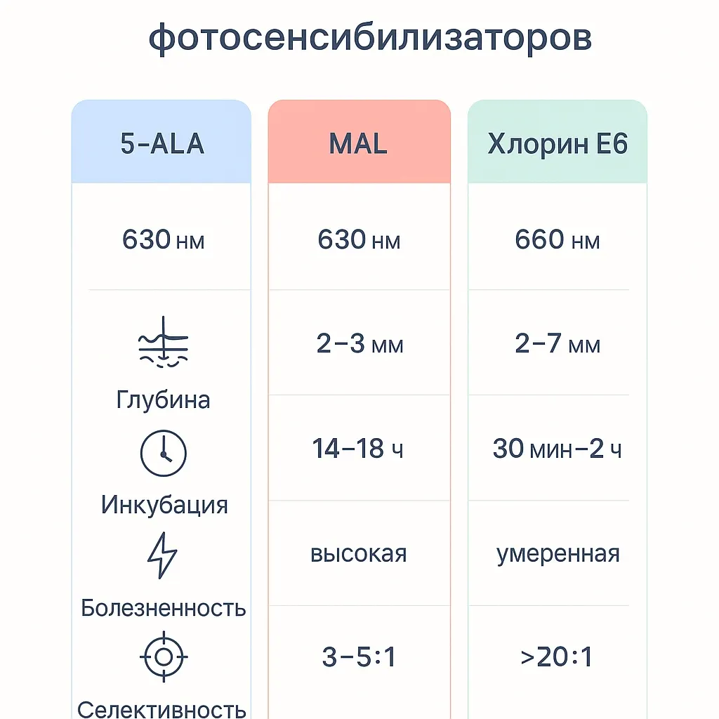 Инфографика: сравнение параметров 5-ALA, MAL и хлорина Е6