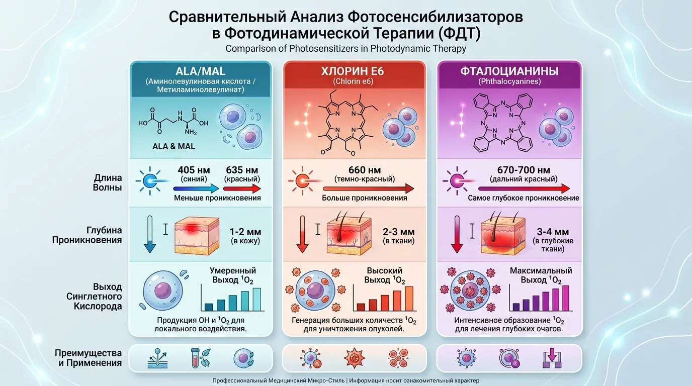 Сравнение фотосенсибилизаторов для ФДТ: ALA/MAL, хлорин Е6 и фталоцианины