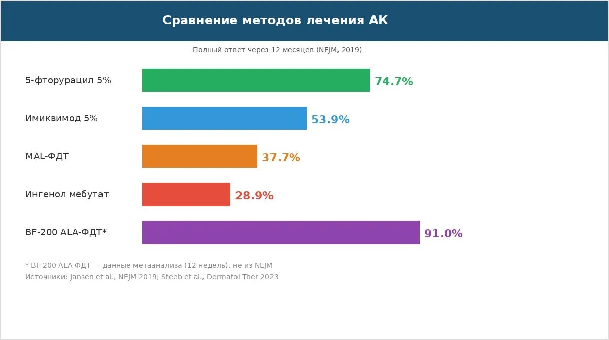 Сравнение эффективности методов лечения актинического кератоза — данные NEJM 2019 и метаанализа BF-200 ALA