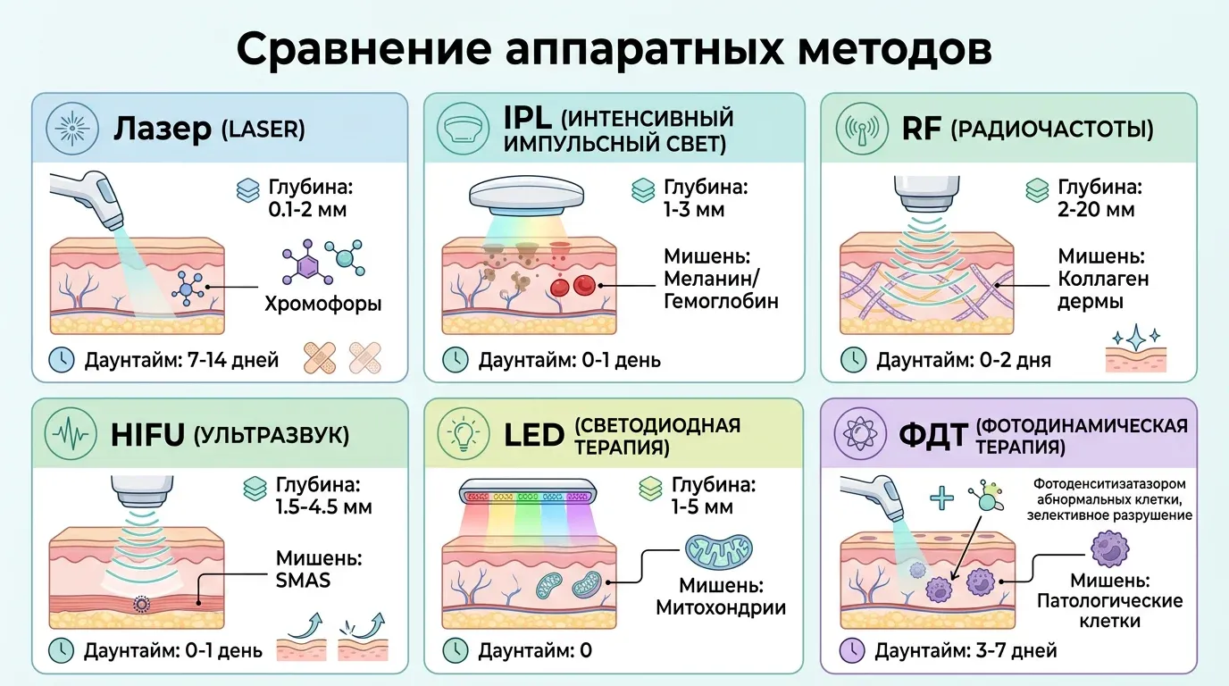 Сравнение аппаратных методов косметологии — глубина, мишени, даунтайм