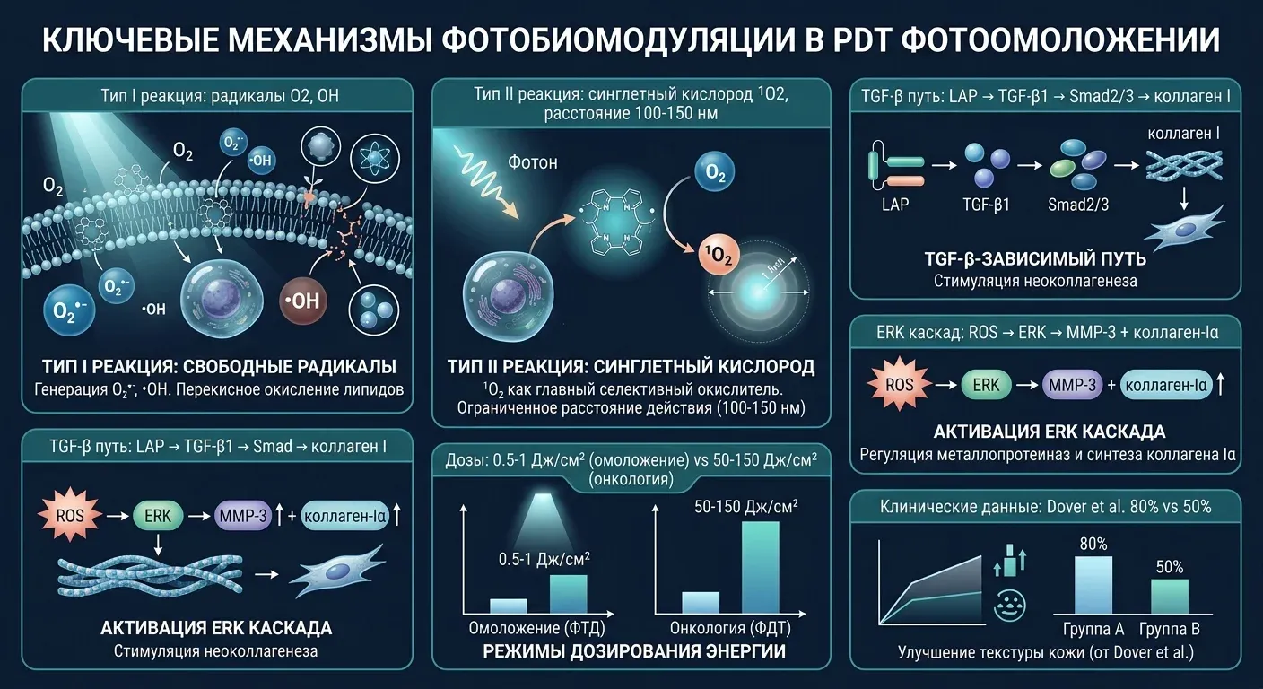 Инфографика: механизмы фотодинамического омоложения — Type I/II реакции, TGF-β путь, ERK-каскад, дозозависимый ответ и клинические результаты
