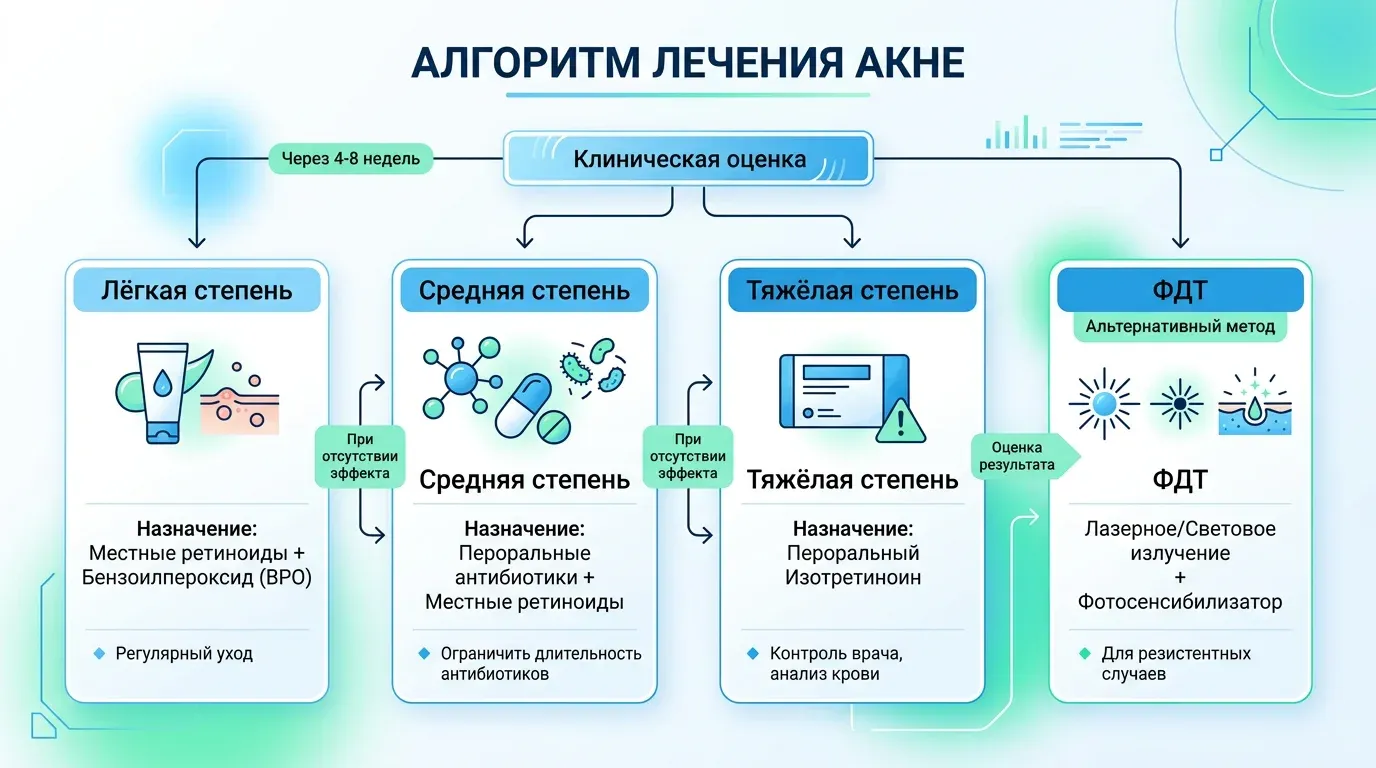 Инфографика: алгоритм лечения акне по степени тяжести — от топических ретиноидов до изотретиноина и ФДТ