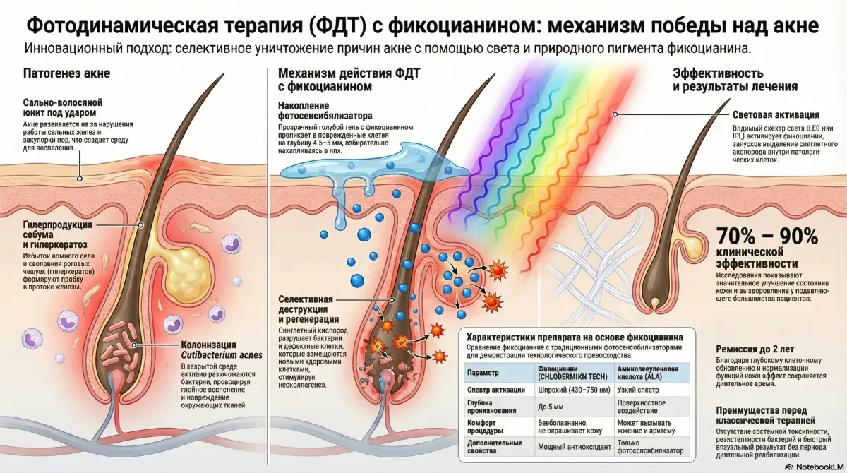 Инфографика: фотодинамическая терапия при акне — механизм, протоколы и результаты