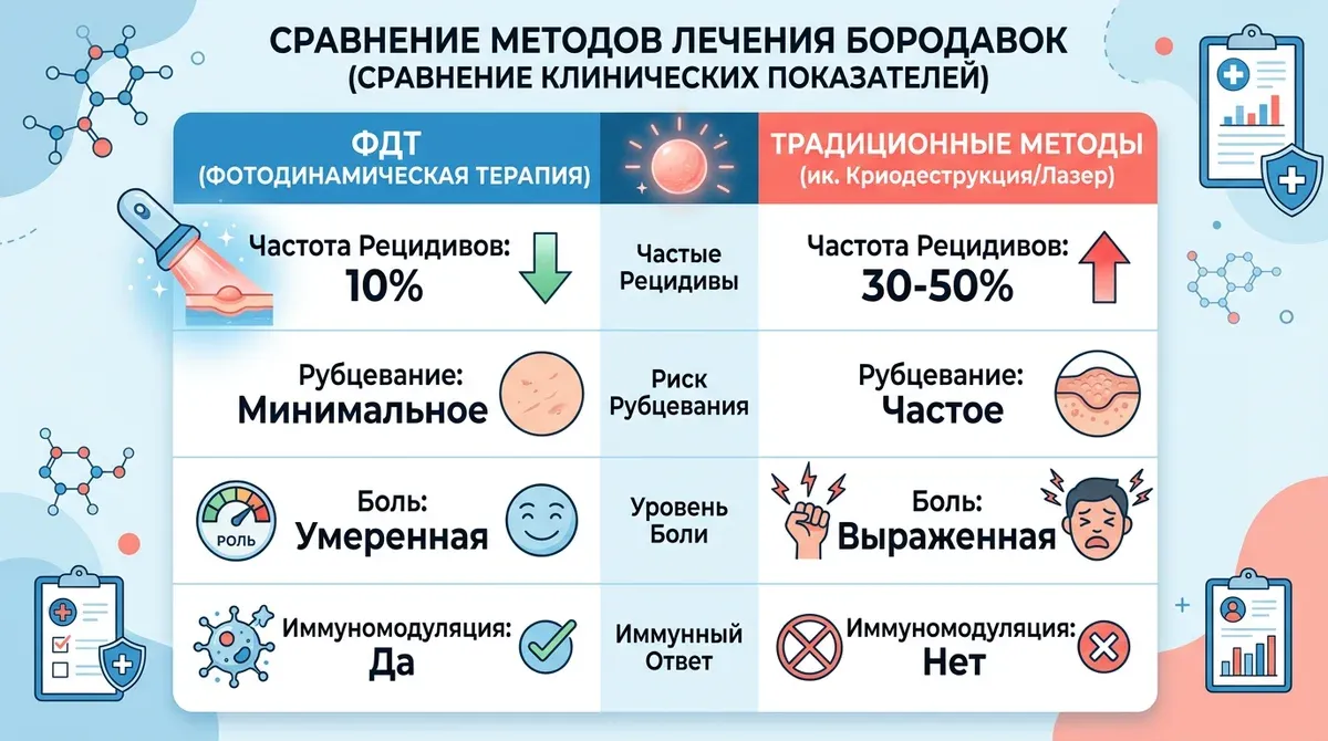 Сравнение ФДТ с традиционными методами лечения бородавок